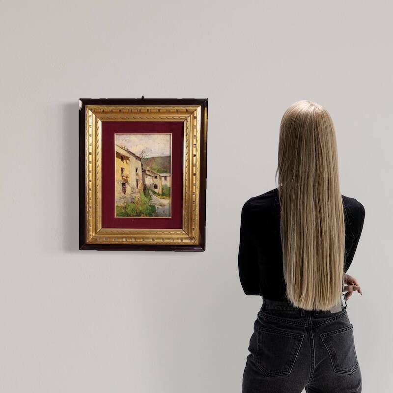 Italian landscape painting view of houses from the 20th century