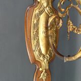 Pair of Rococo / Louis XV wall lights in gilded bronze, walnut bases and glass tulips, France, Circ
