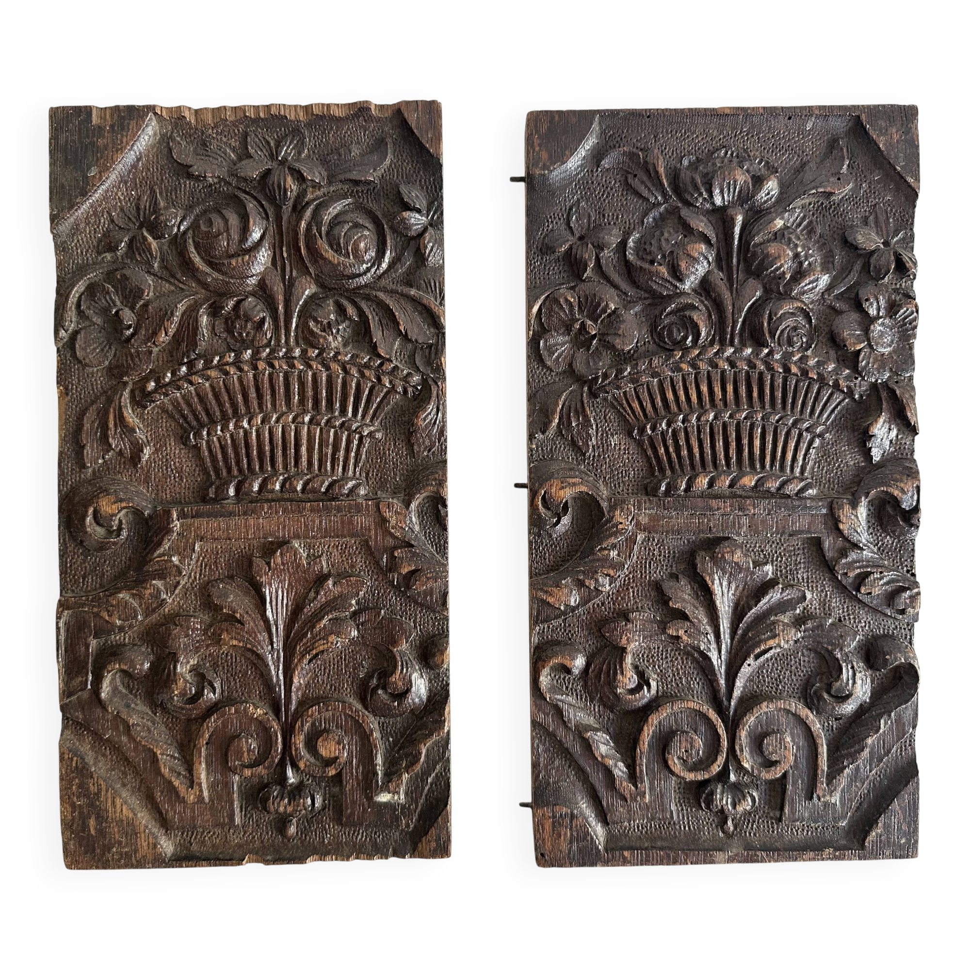 Pair of antique decorative panels in carved wood, 19th century