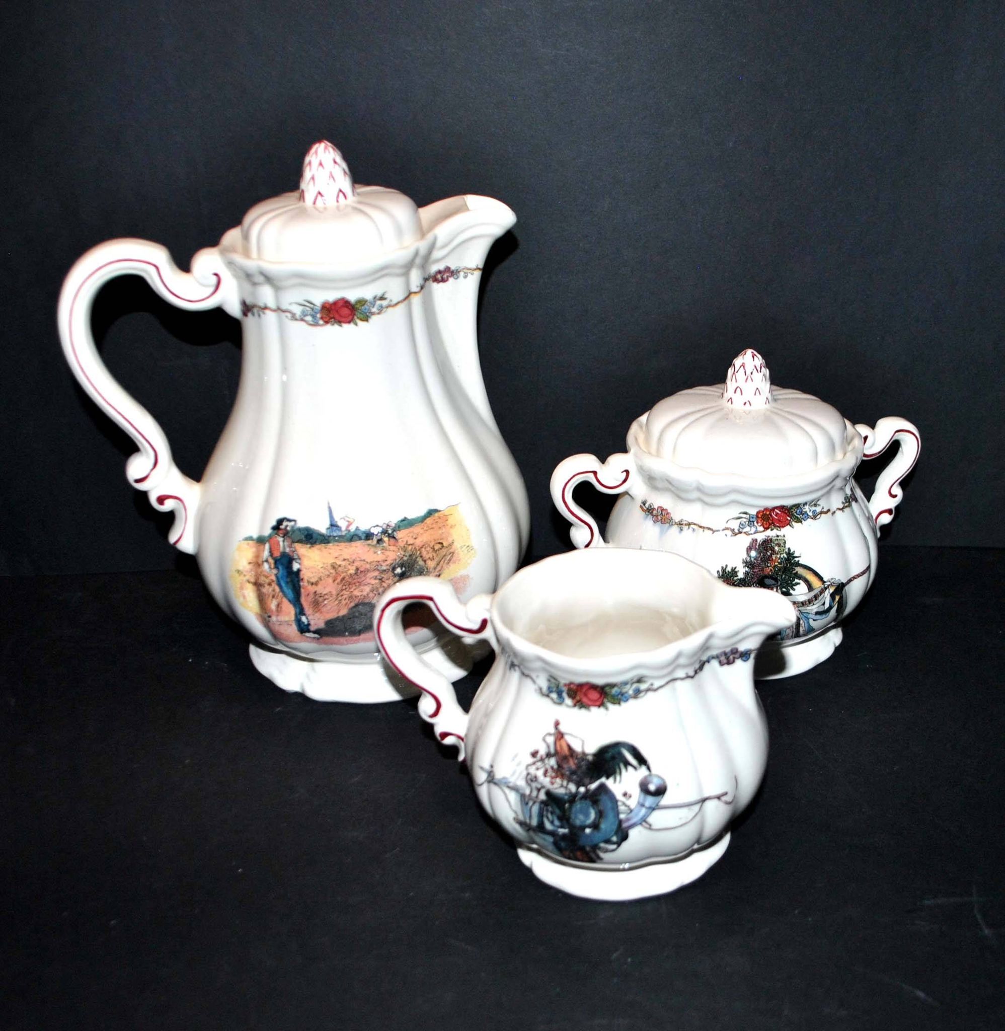 Obernai coffee service in sarreguemines earthenware coffee maker sugar bowl and milk