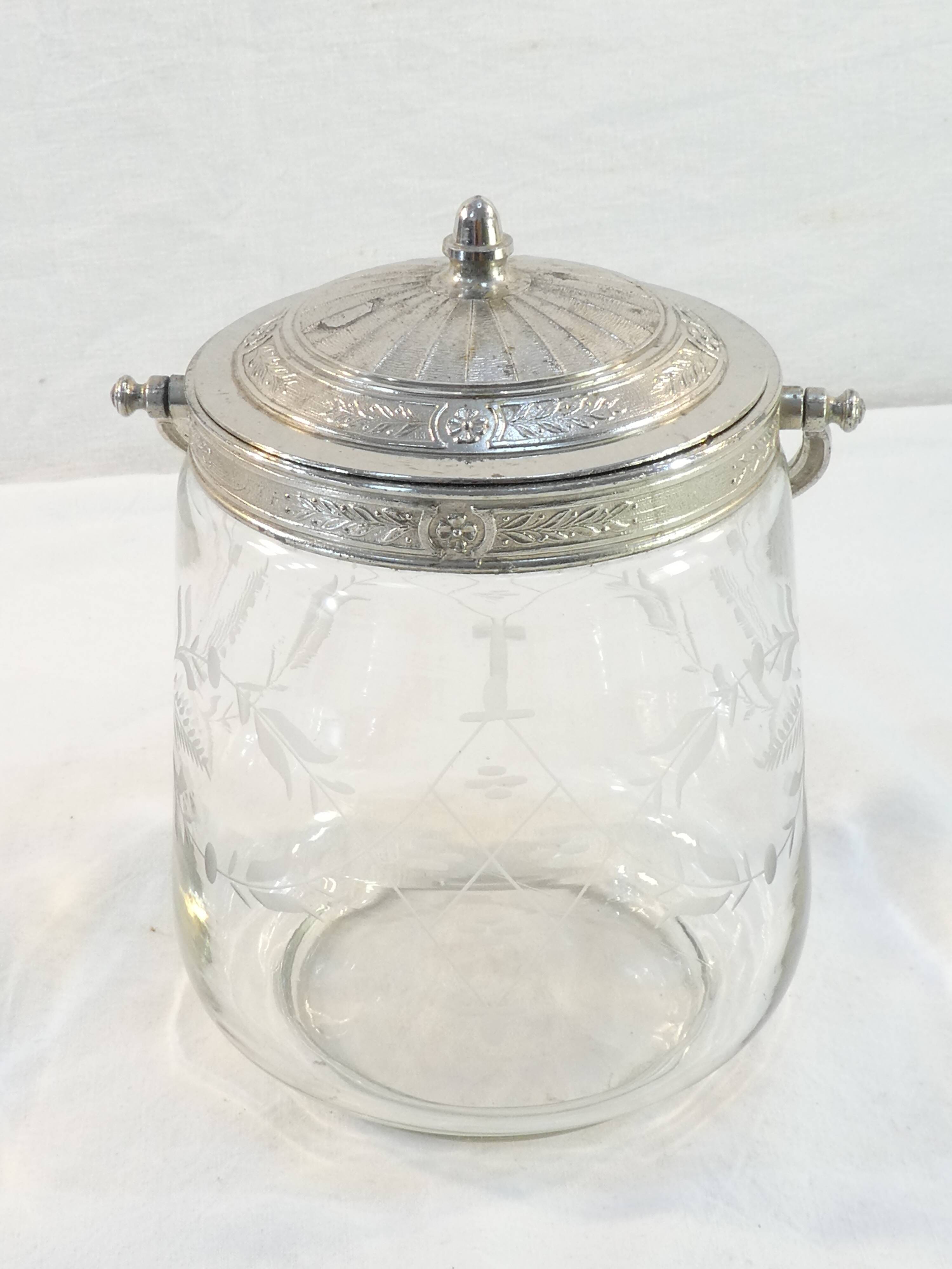 1900 glass cookie bucket engraved silver metal frame
