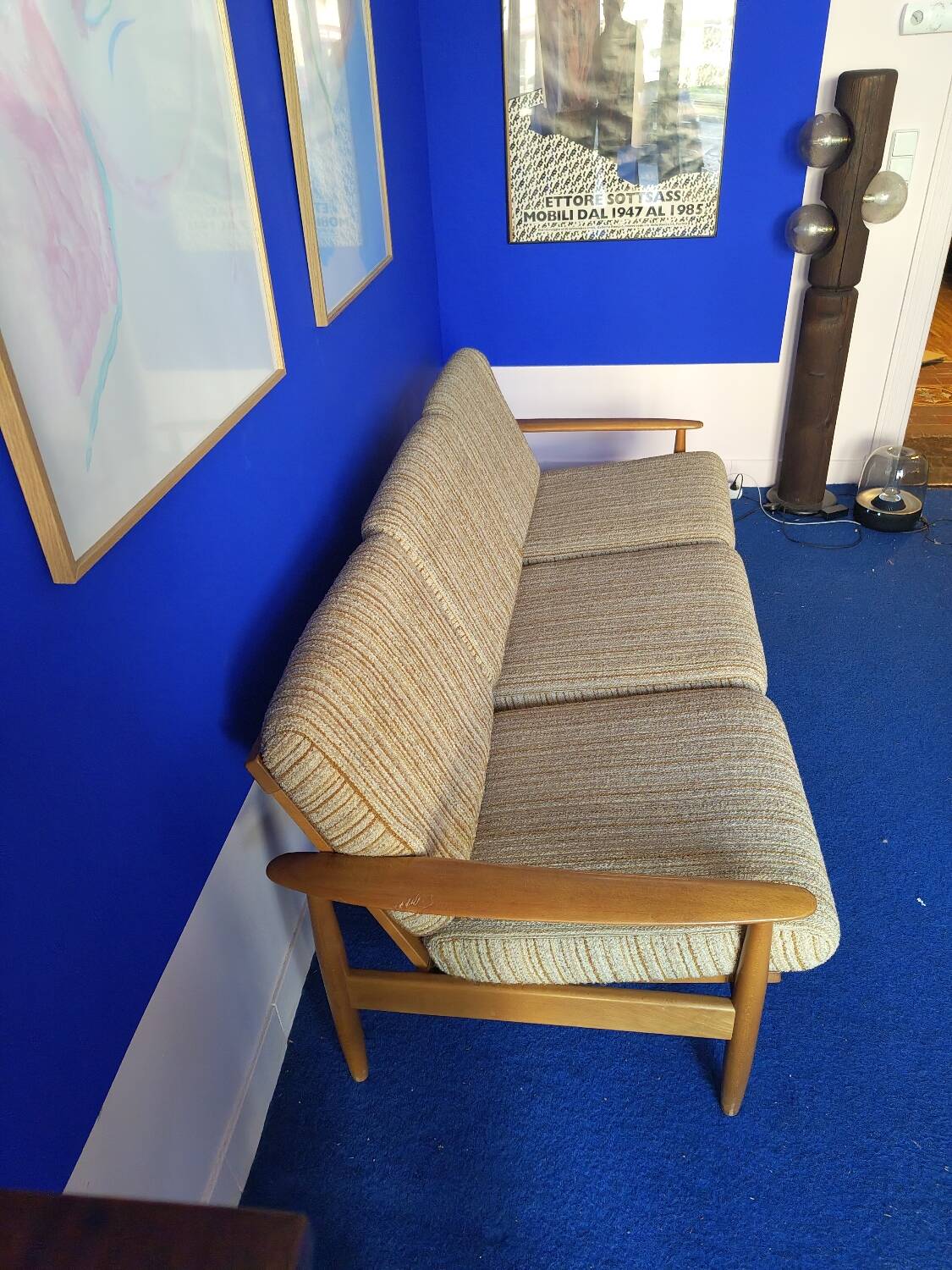 Scandinavian sofa in wood and vintage fabric from the 60s