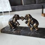 Art Deco Elephant Bookends. In regula on a black veined marble base. Rare model