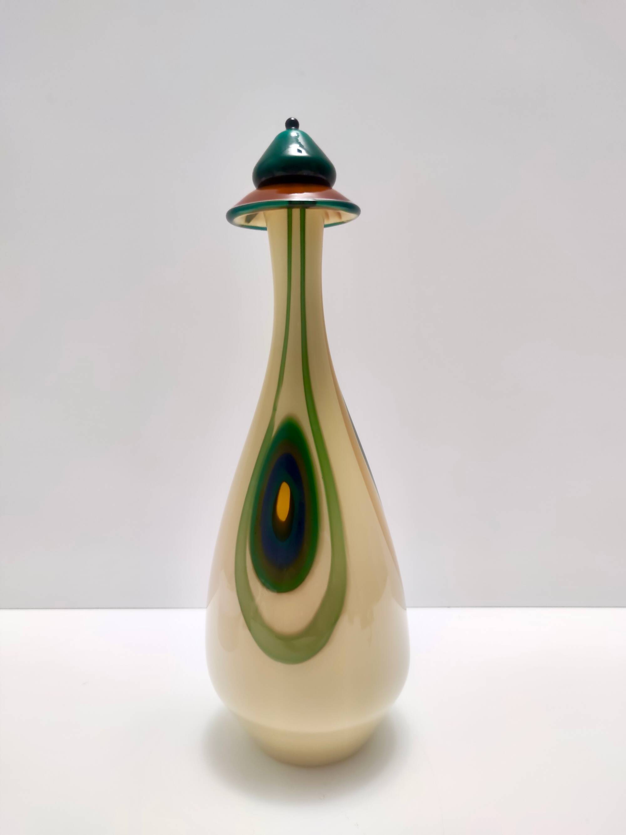 Beige Encased and Hand-blown Glass Decanter Bottle, Italy