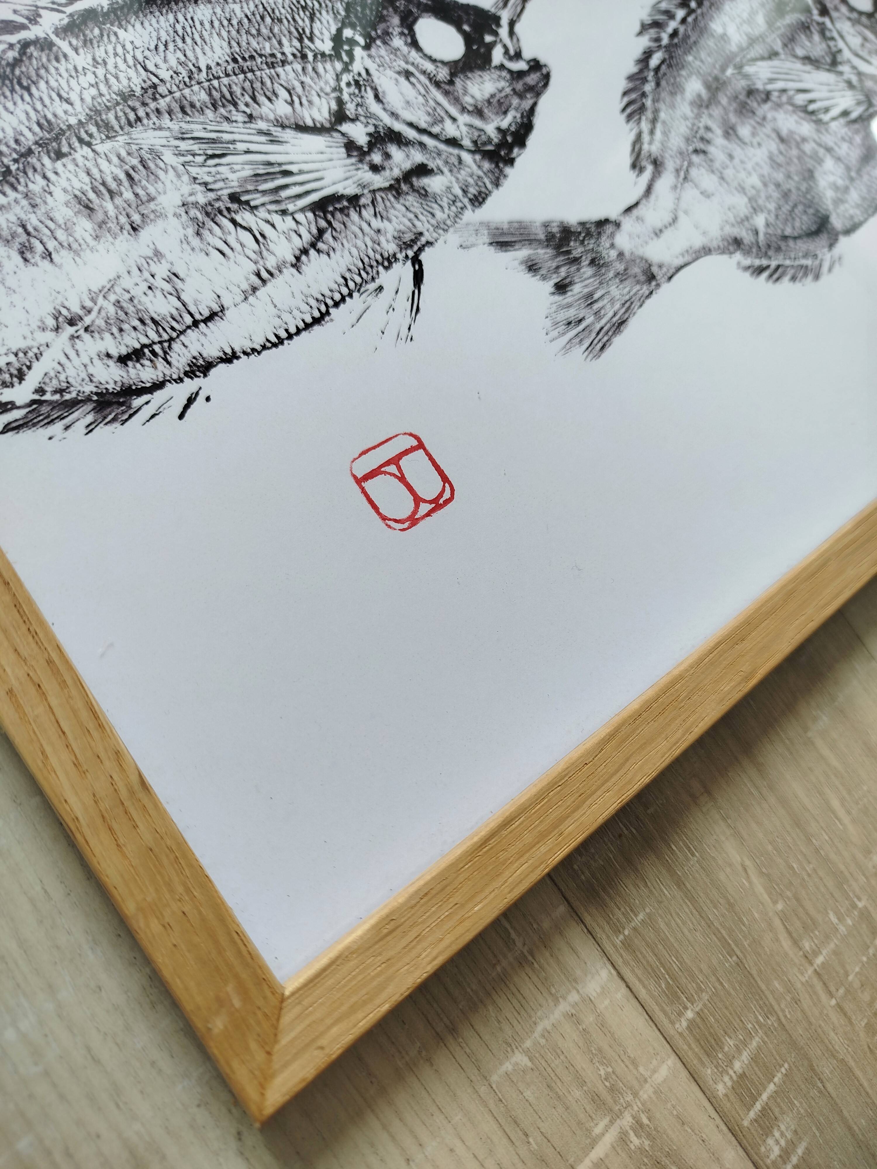 Framed art print, "Print of a school of sea bream" (gyotaku)