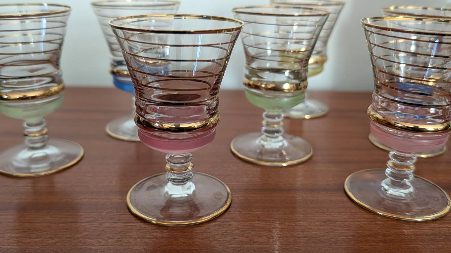 7 multicoloured stemmed glasses from the 1950s