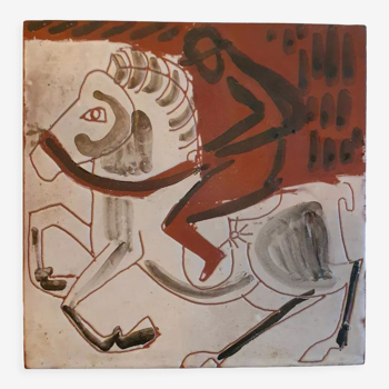 Carreau en ceramique emaillee le cavalier Vallauris 1960