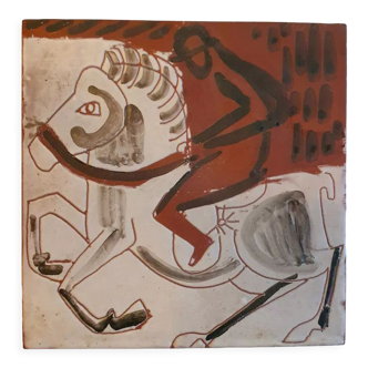Enamelled ceramic tile le cavalier Vallauris 1960