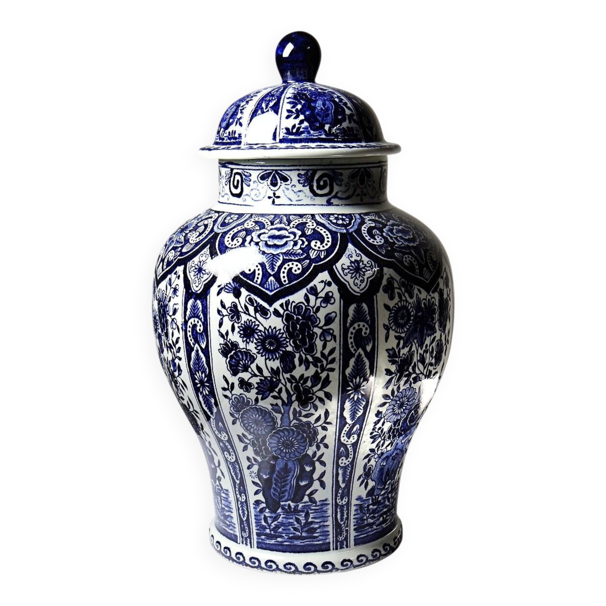 Large covered vase Boch Holland Royal Sphinx in Delft blue earthenware.
