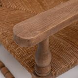 Pair of Rustic French Oak & Rush Armchairs, 1950s