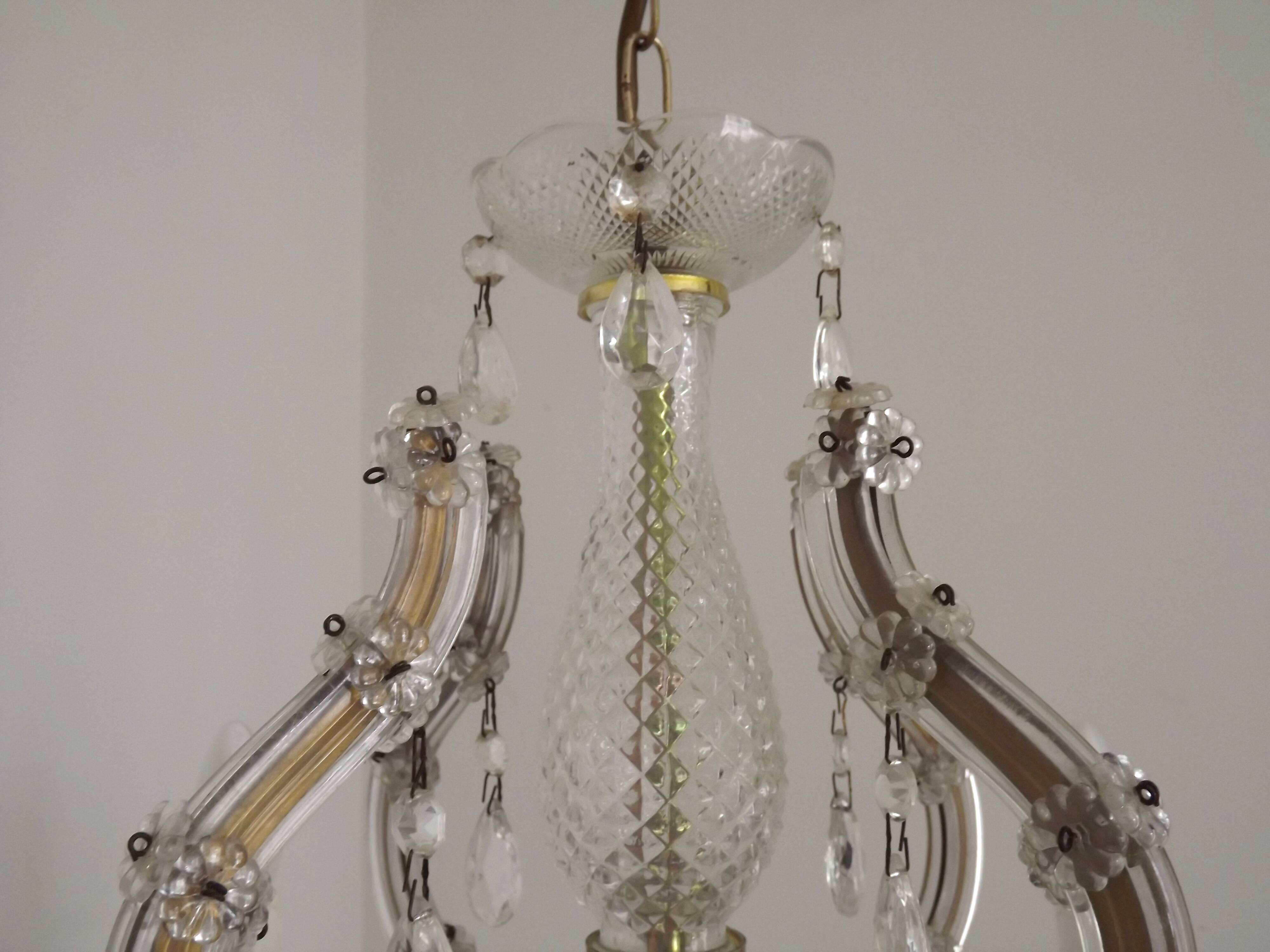 Mid-Century Brass Glass & Crystal Maria Theresa Style 8 Arm Chandelier 5446