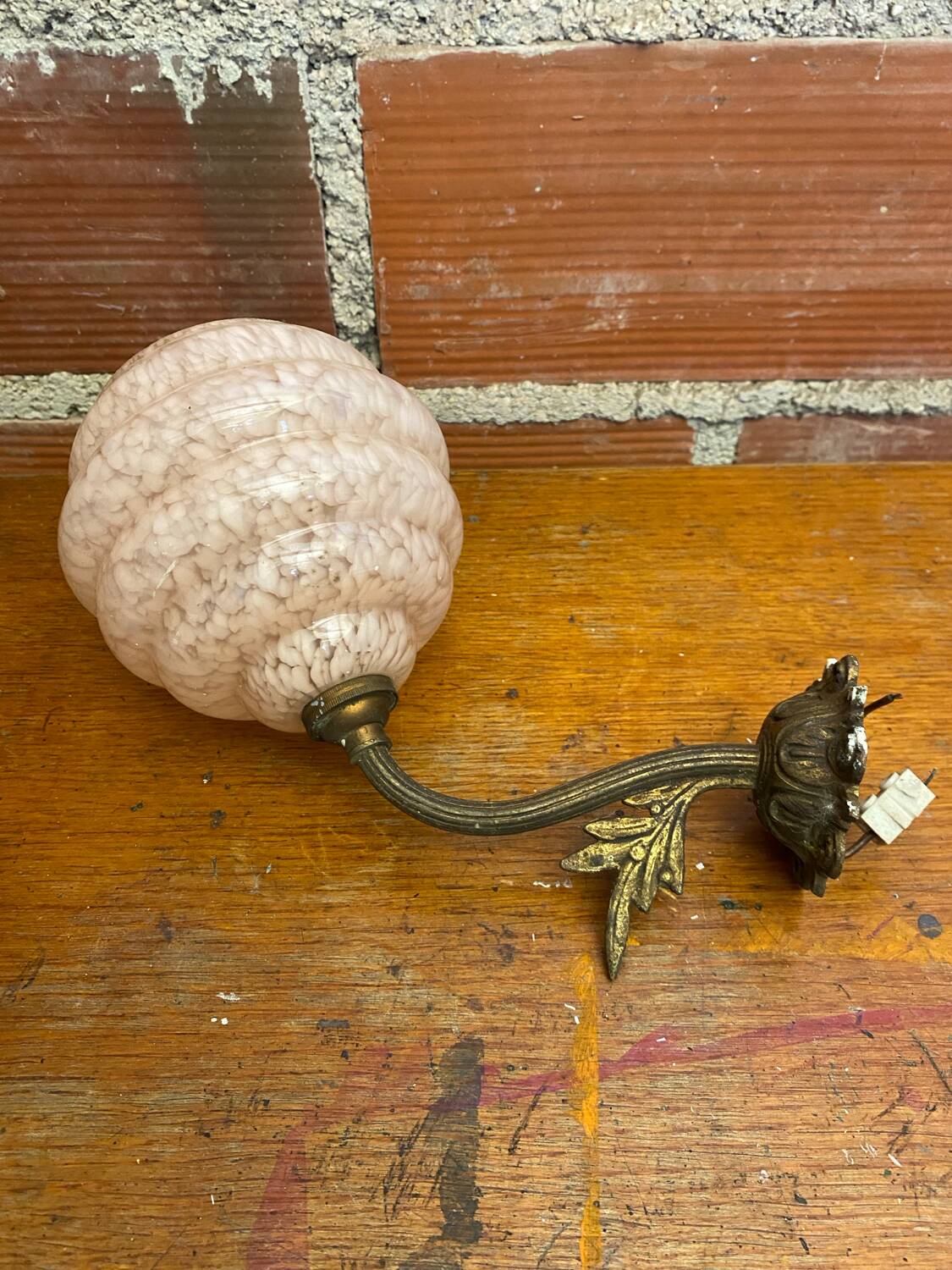 Antique Art Nouveau Gilt Bronze Wall Lamp + Vintage Pink Glass Ball