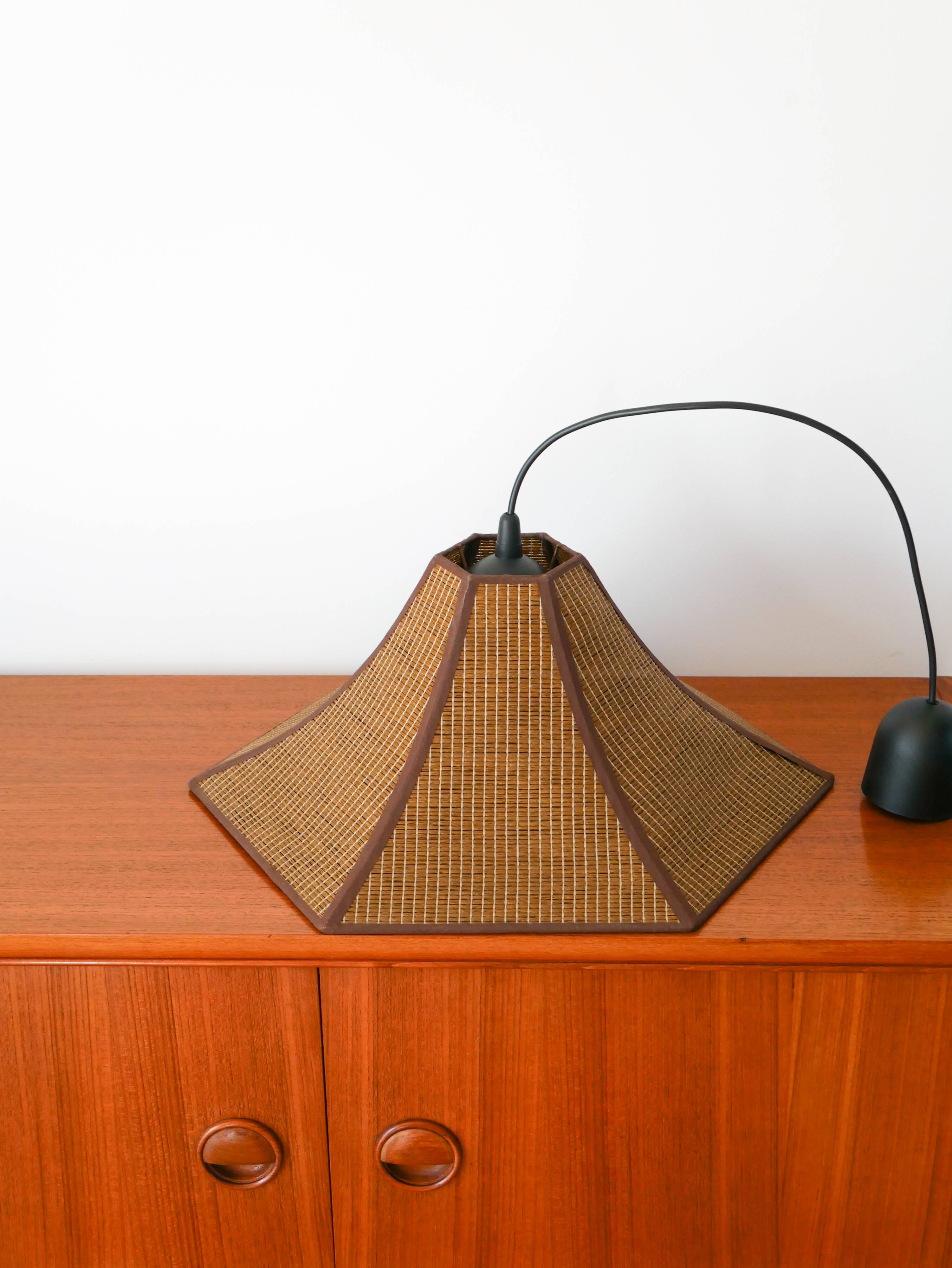 Hexagonal pendant light in brown rattan, 1970
