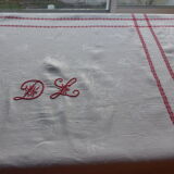 Antique tablecloth and 6 damask towels decoration foliage + dragonfly embroidered DL