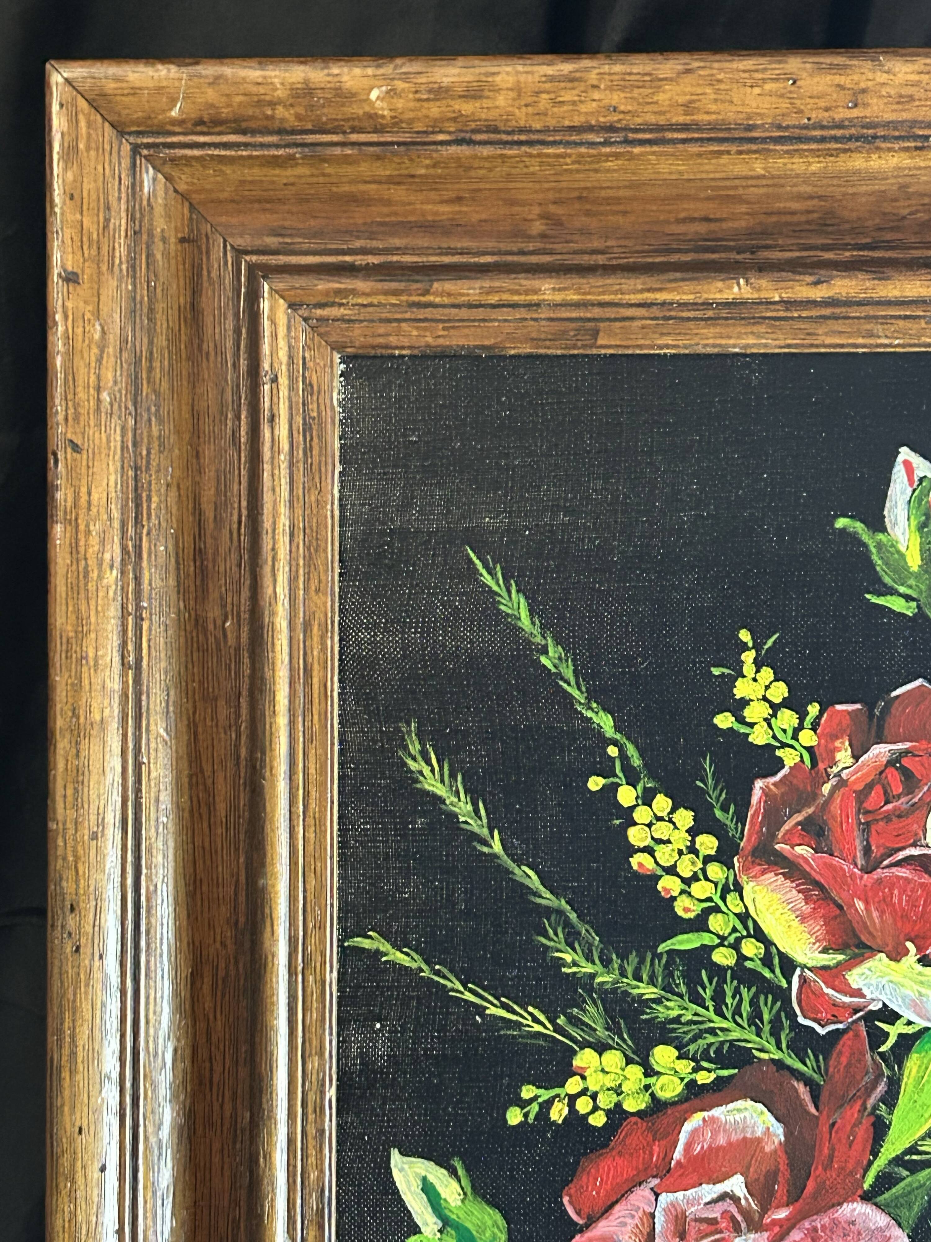 Nature morte aux roses – Huile sur toile signée et datée 1977 –Cadre bois