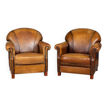 Paire de fauteuils club en cuir néerlandais vintage des années 1980