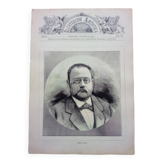 Gravure Ancienne 1885, Portrait d'Émile Zola