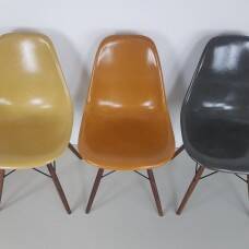Eames Herman Miller DSW side chairs in ochres and light greige