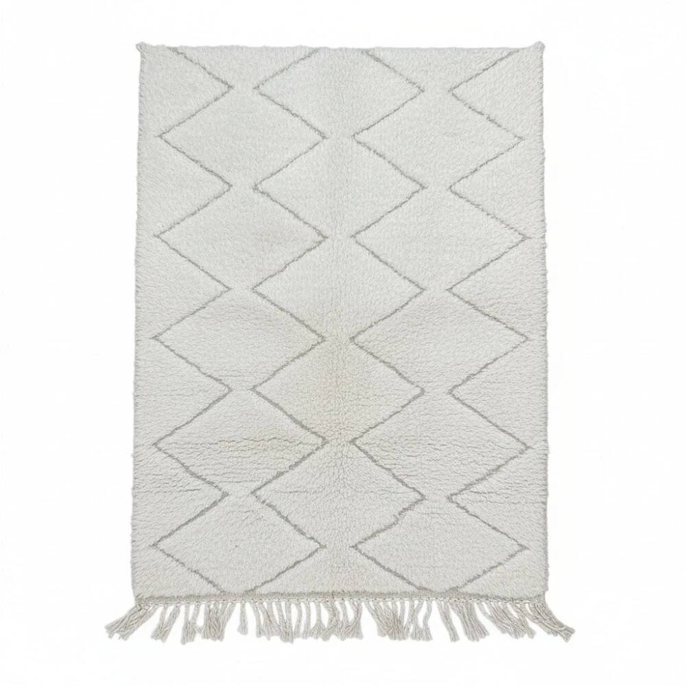 Small white Moroccan rug with diamond pattern