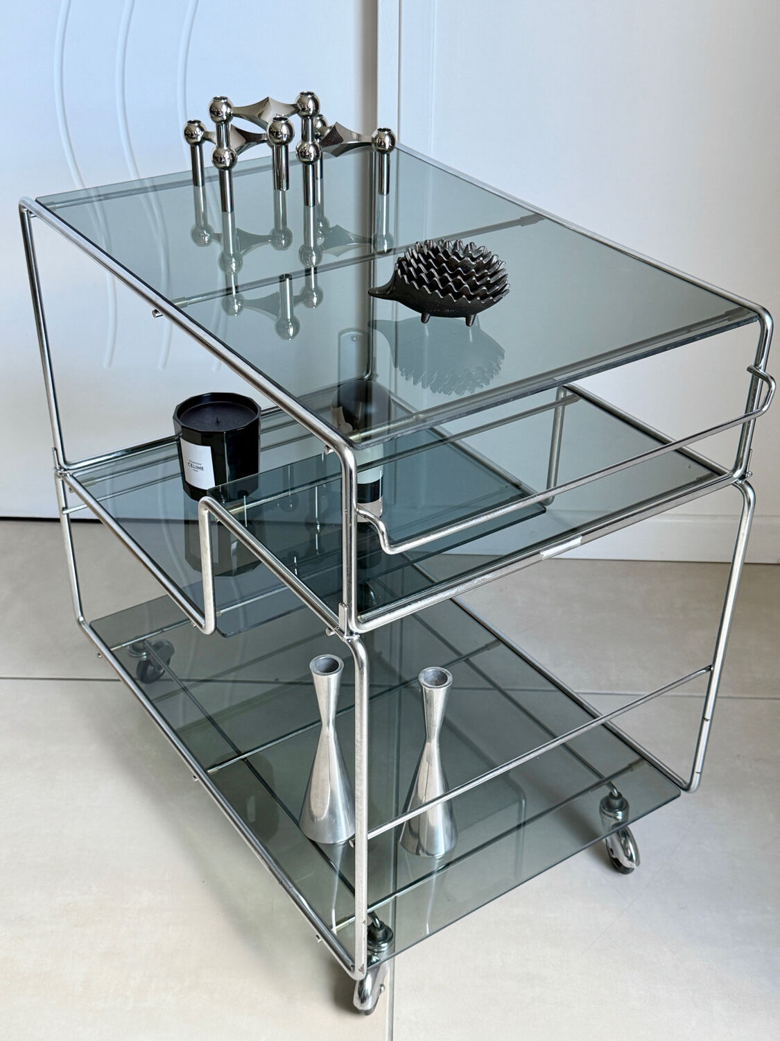 Coffee table / chrome and smoked glass by Max Sauze