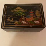 Japanese Jewelry Box in Brown Lacquer Wood and Painting "Mount Fuji"