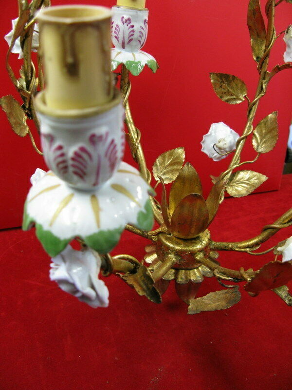Golden cage iron chandelier 3 leafy arms of light adorned with porcelain flowers