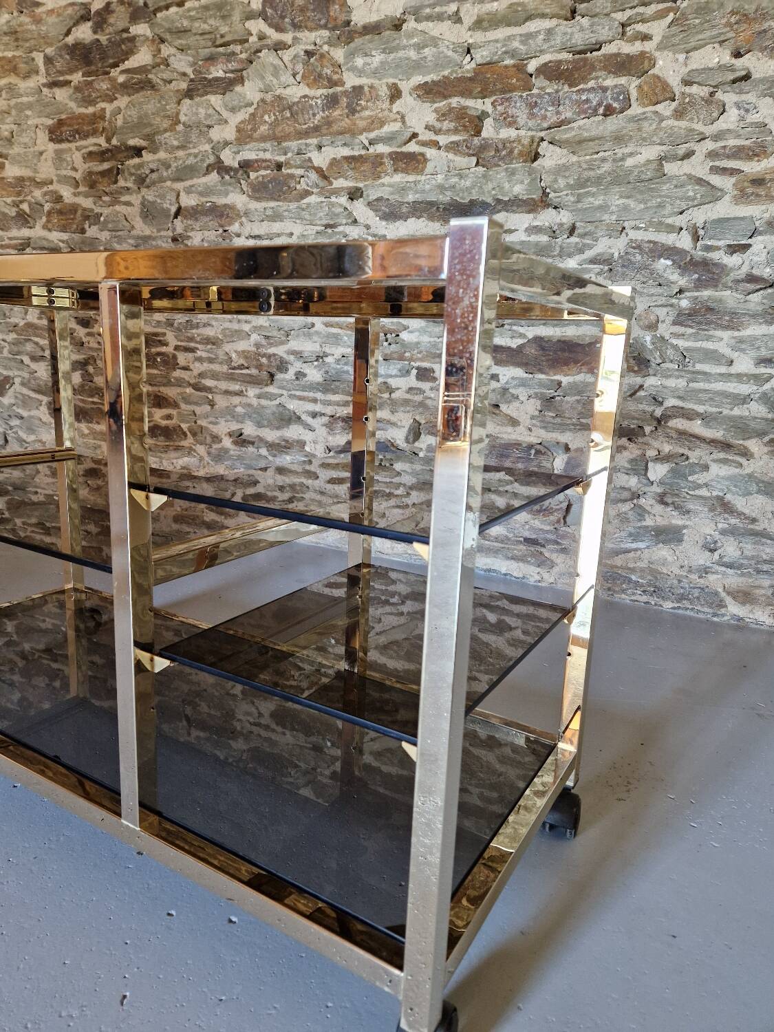 70s glass TV cabinet shelf console