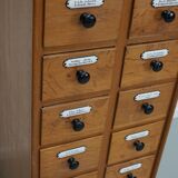 German Oak Apothecary Cabinet with Enamel Shields, 1940s