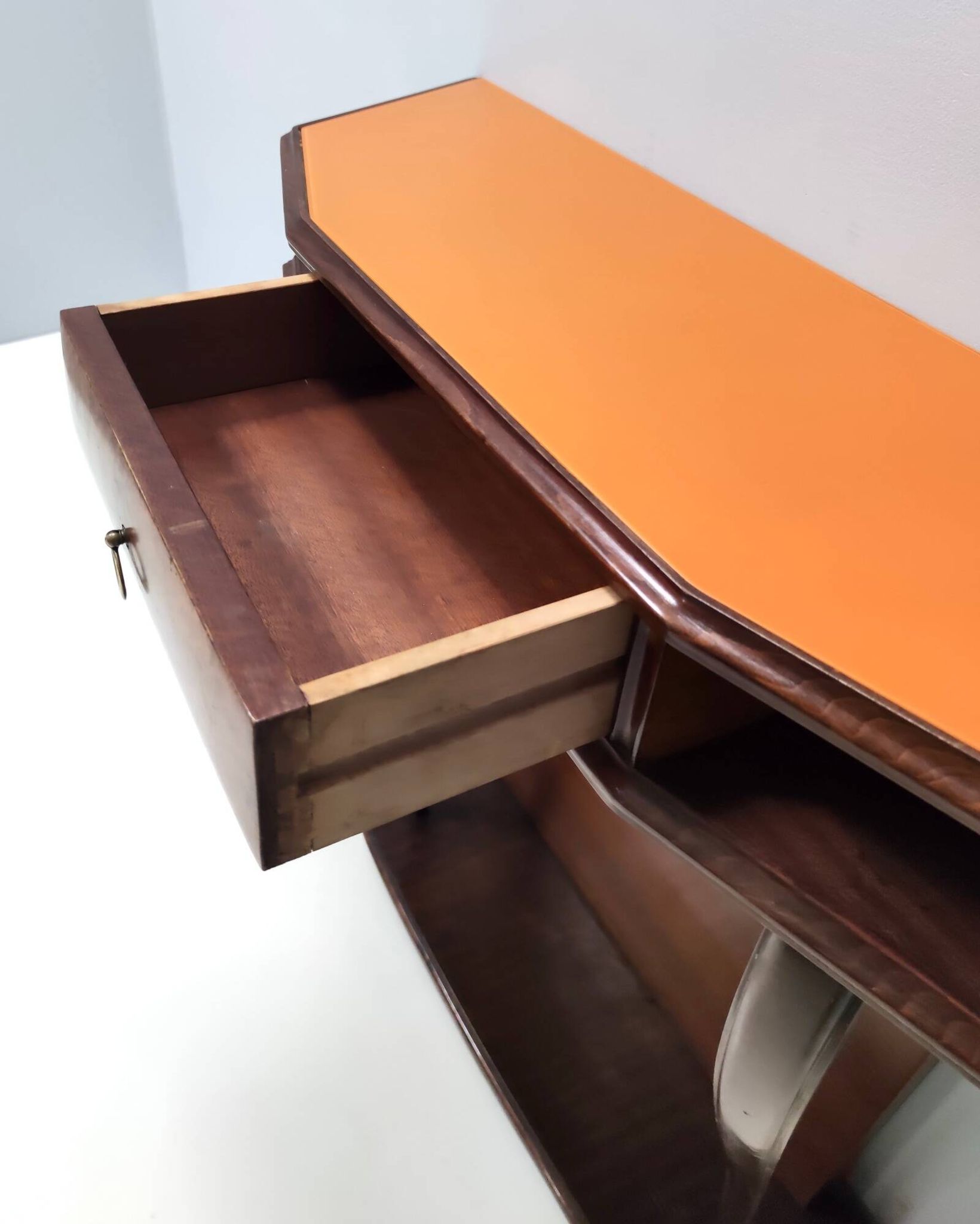 Beech and Walnut Root Console Table with an Orange Glass Top, Italy