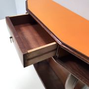 Beech and Walnut Root Console Table with an Orange Glass Top, Italy