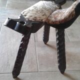 Chaise tabouret tripode  bois et peau vintage 50/60