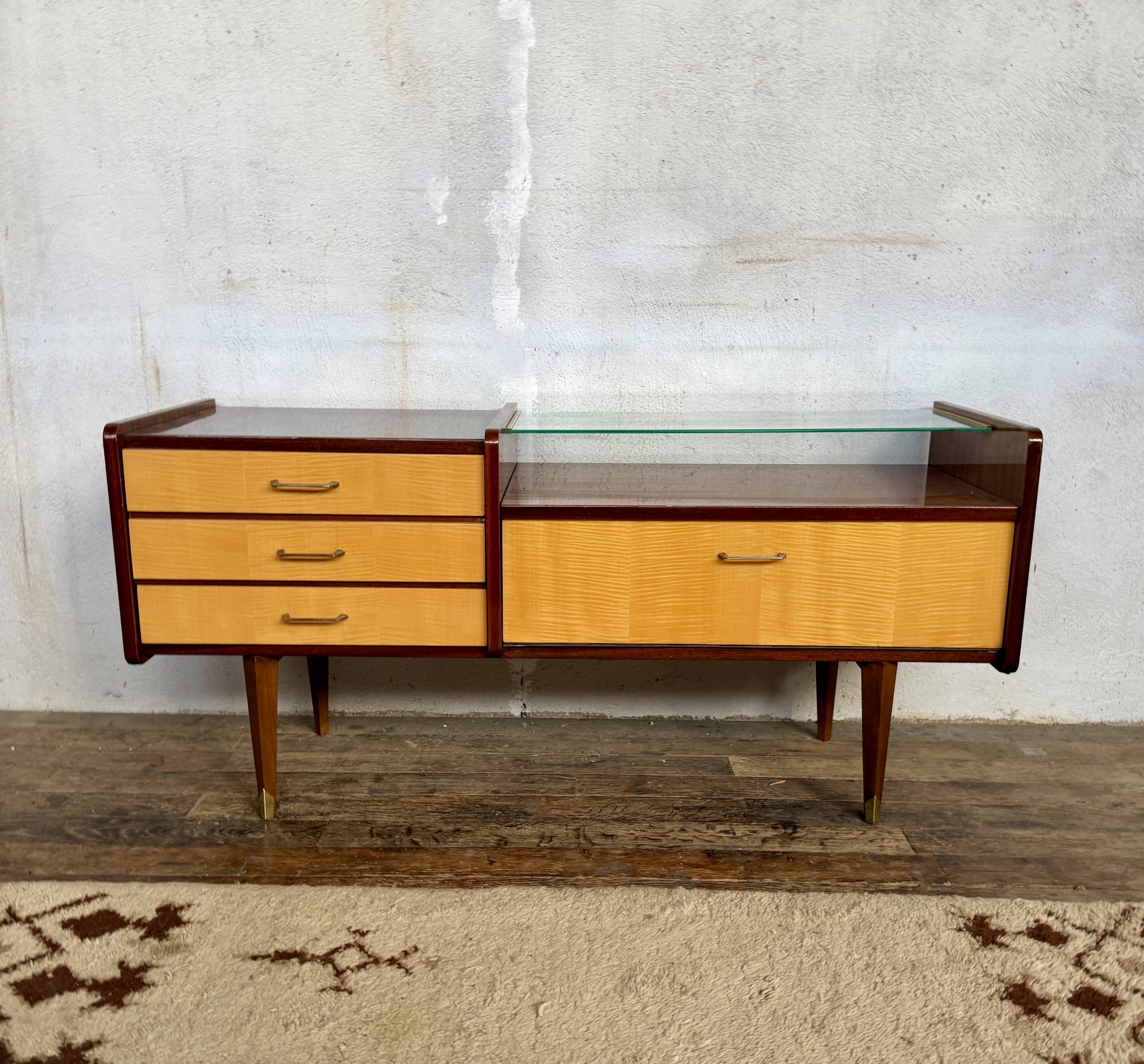 Enfilade vintage bicolore – Plateau en verre – Design rétro chic