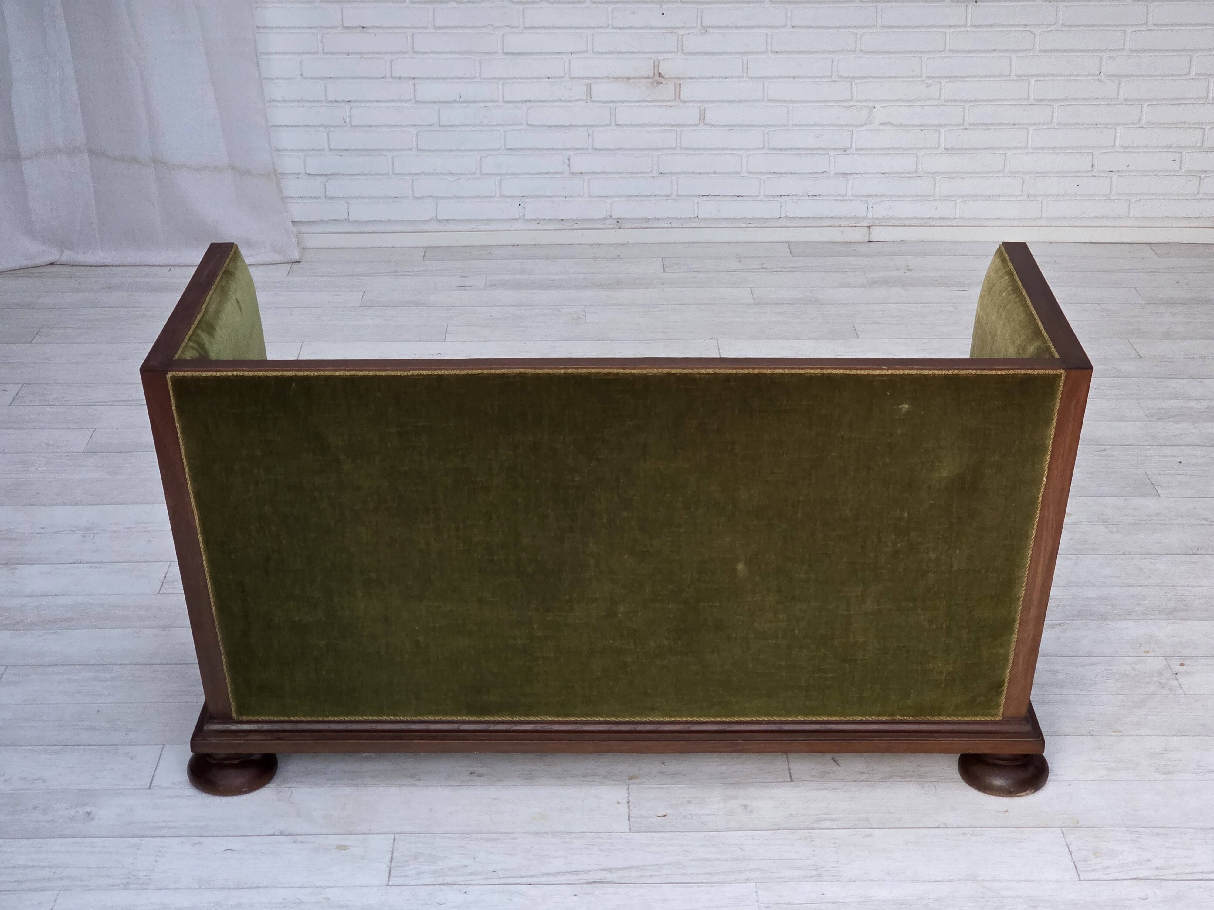 1950s, Danish 2-seater sofa, original green furniture velour, oak wood.