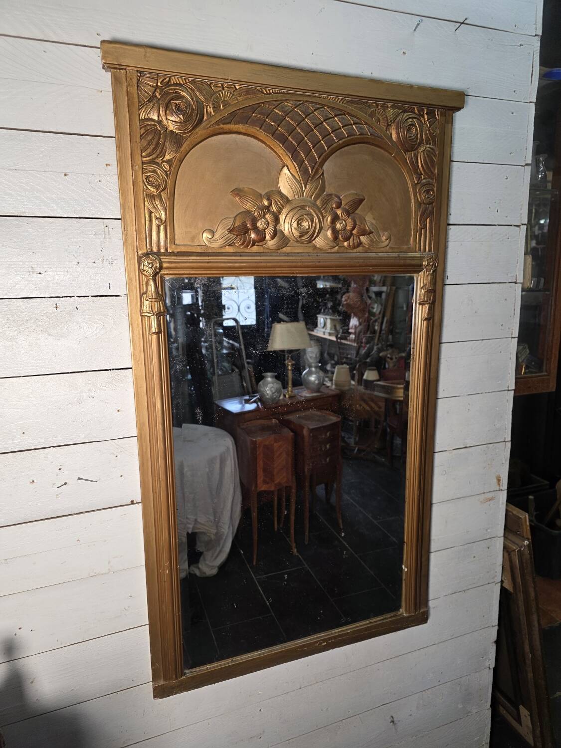 Art Deco gilded trumeau, bevelled mirror