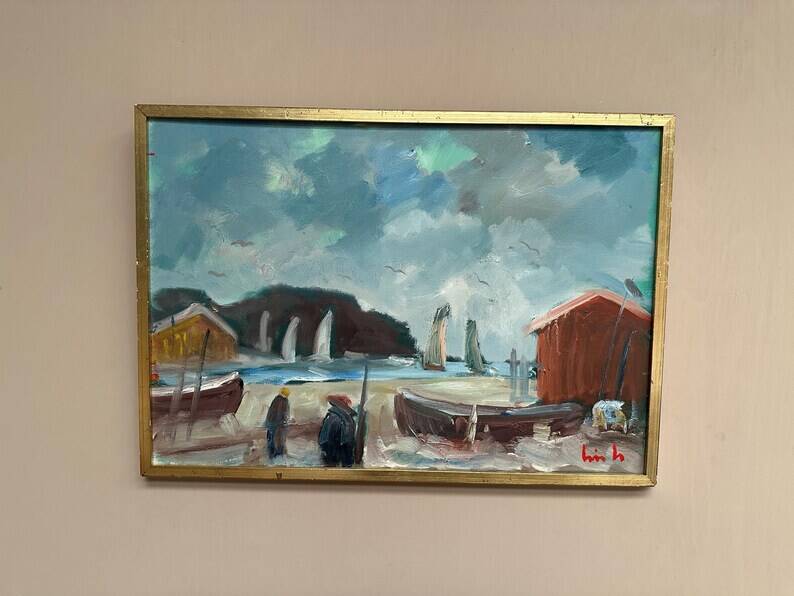 Original Swedish Oil on Canvas – “Coastal Village” by Eric Lo – Signed – Vintage & Framed