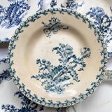 10 mismatched vintage soup plates in blue, green, and red ironstone