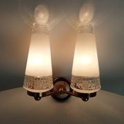 Pair of vintage double-light wall sconces in brass and etched glass from the 60s/70s.