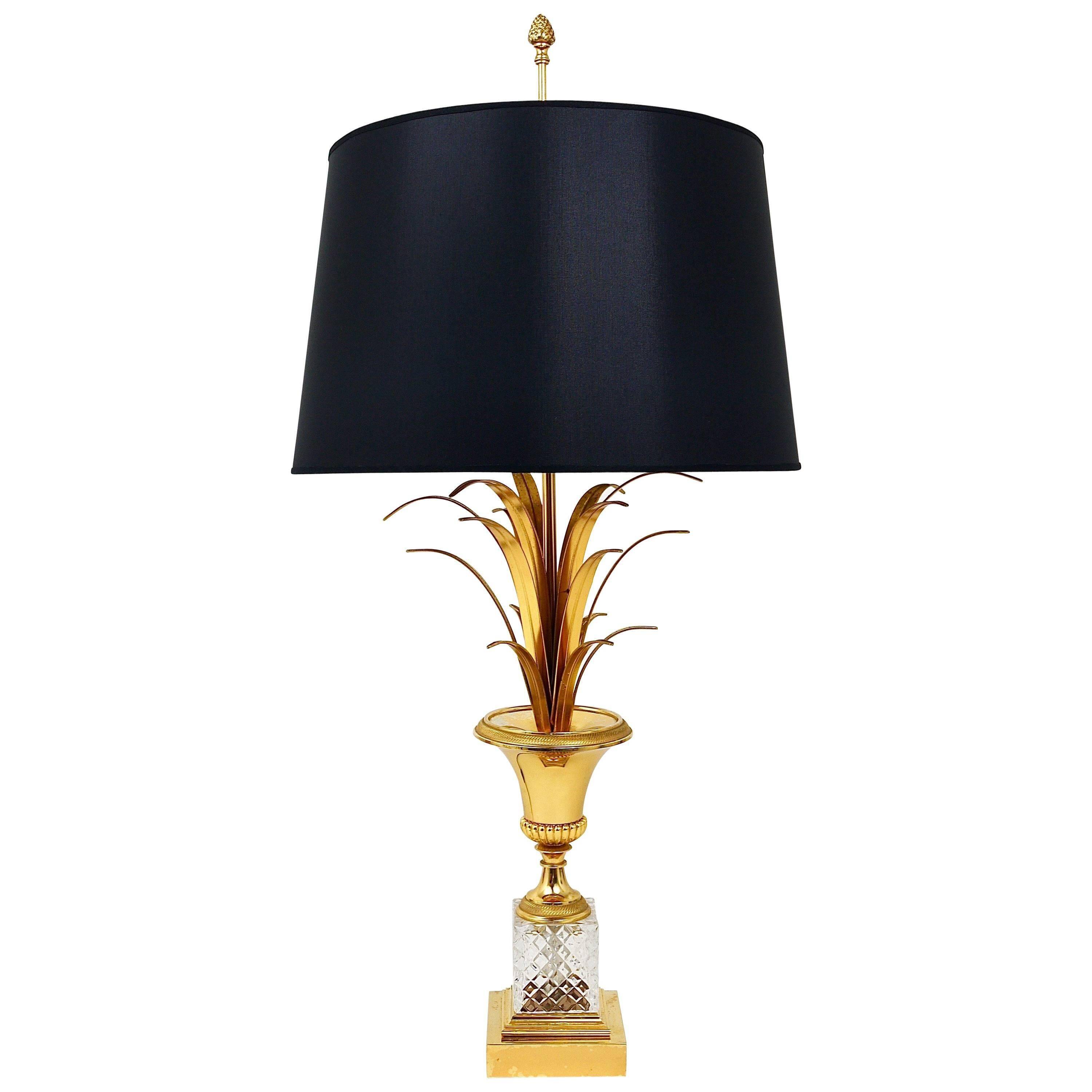Lampe de table Hollywood Regency feuille d'ananas en laiton doré et verre, France, années 1970