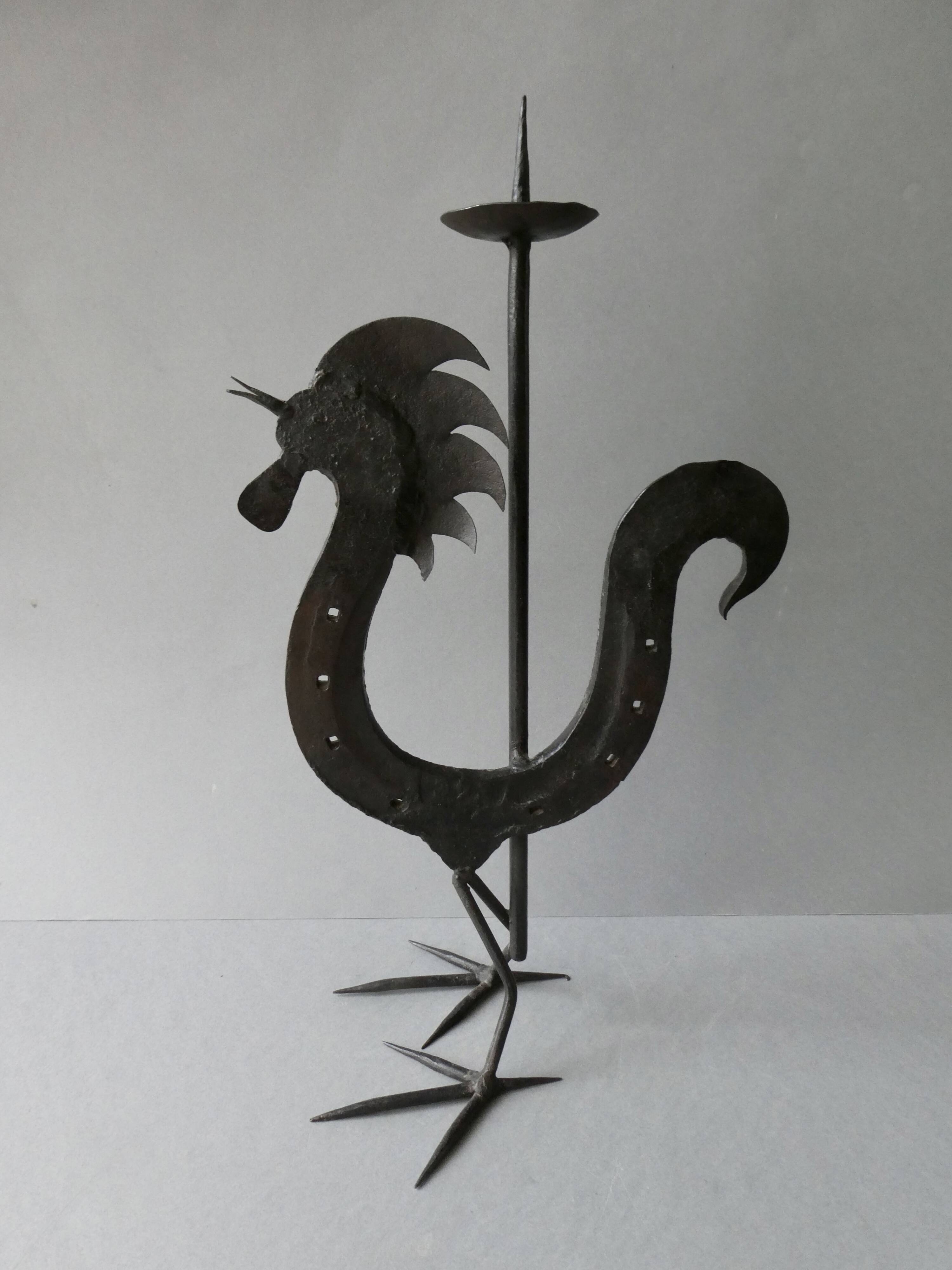 Rooster candle holder in wrought iron, brutalist