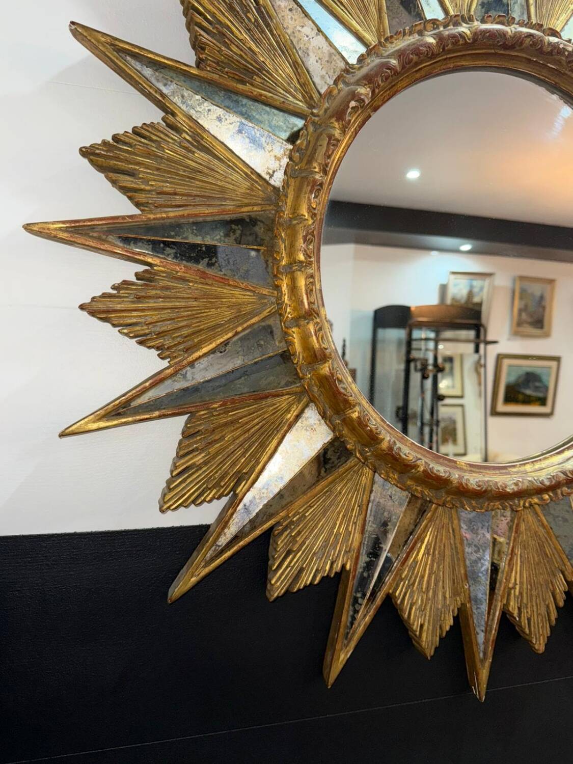 Miroir soleil doré a rayons en bois - années 50