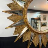Miroir soleil doré a rayons en bois - années 50