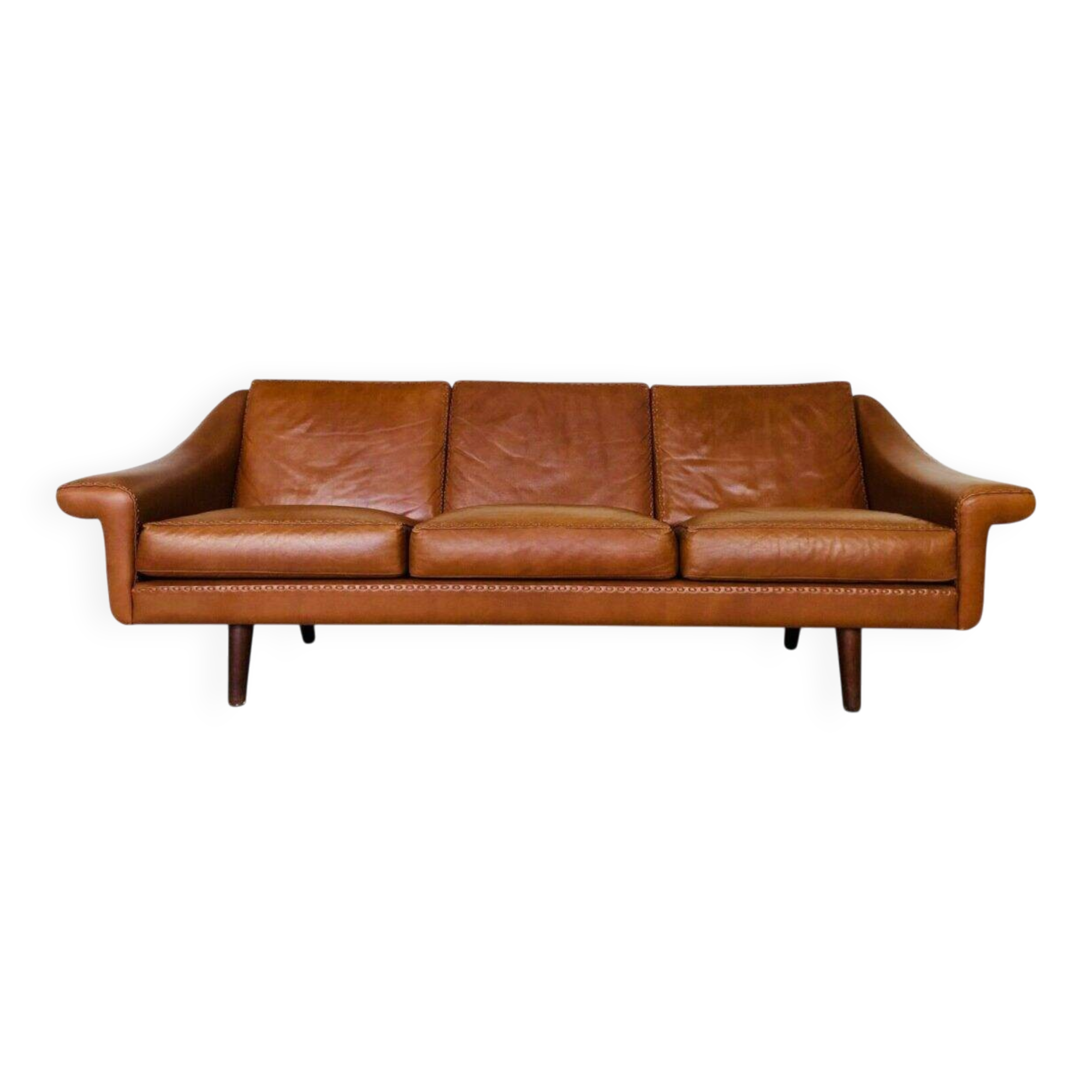 Aage Christiansen vintage Danish mid-century 3 person cognac "Matador" sofa