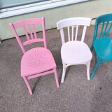 Set of 6 mismatched vintage bistro wooden chairs.