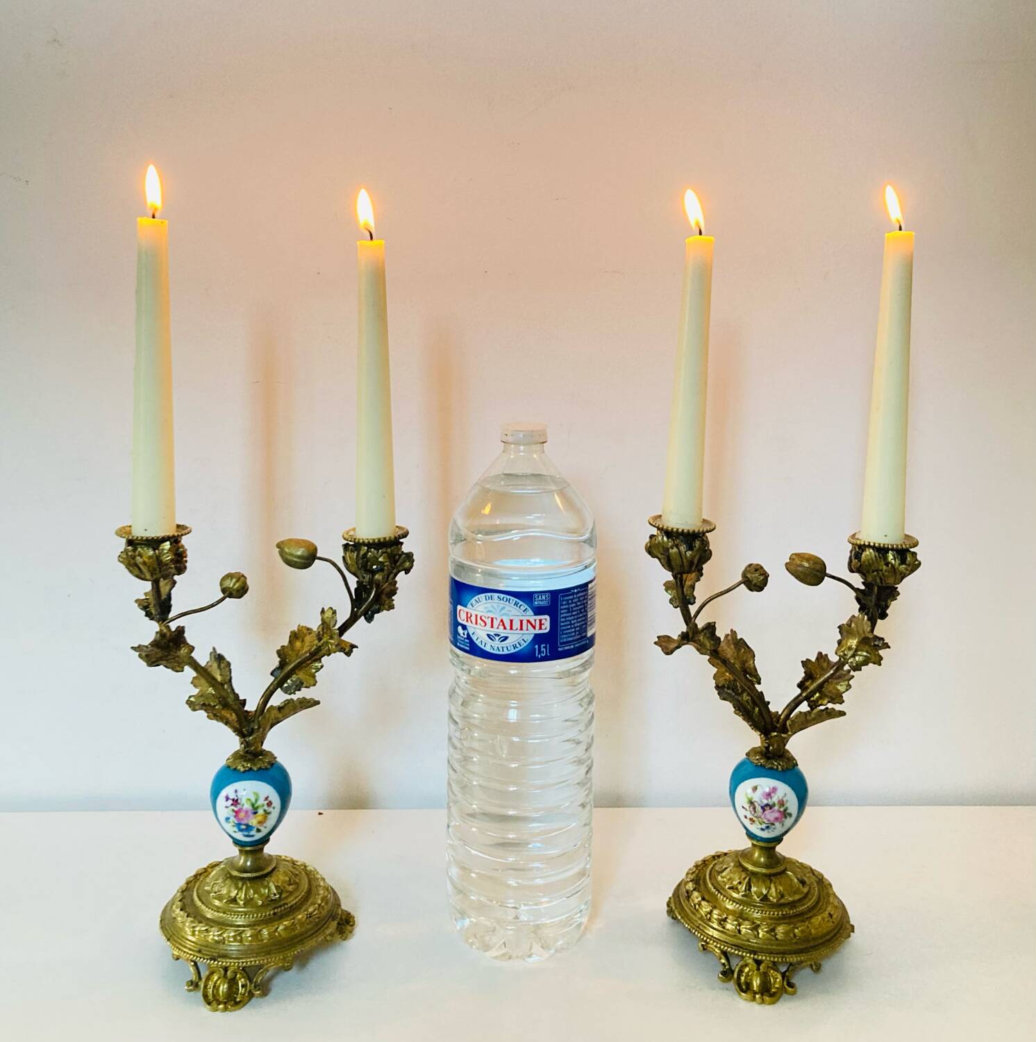19th century candle holders in gilded bronze and porcelain