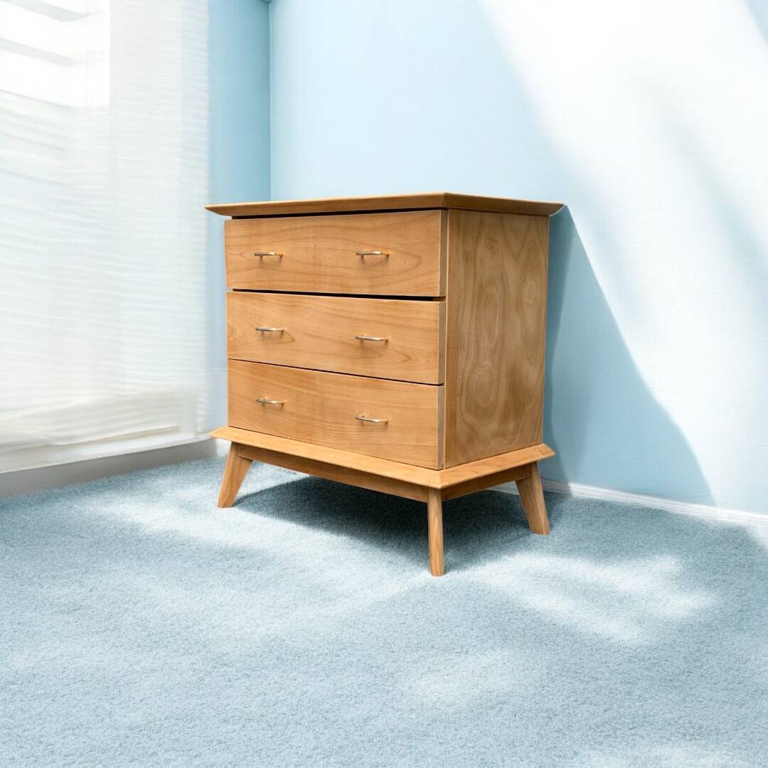 Vintage chest of drawers with compass feet, solid raw beech, 1960s