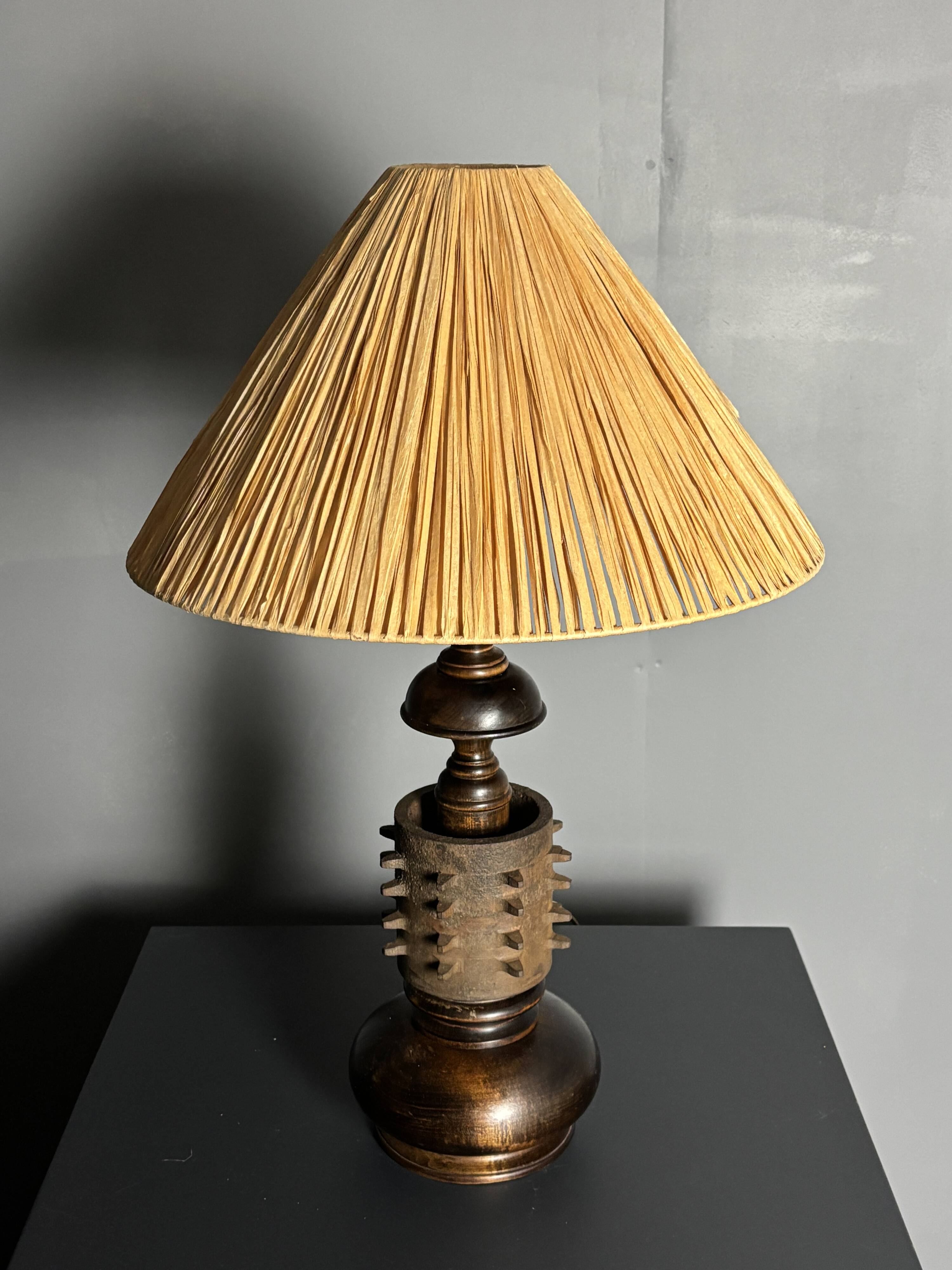 Brutalist wood turned and cast iron large table lamp, 1960s
