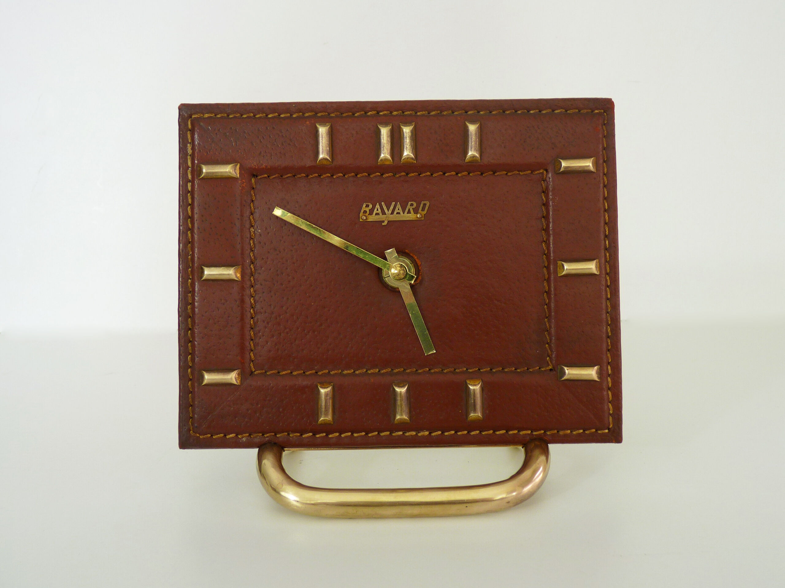 Table clock, pendulum, Bayard in leather covered brown and brass