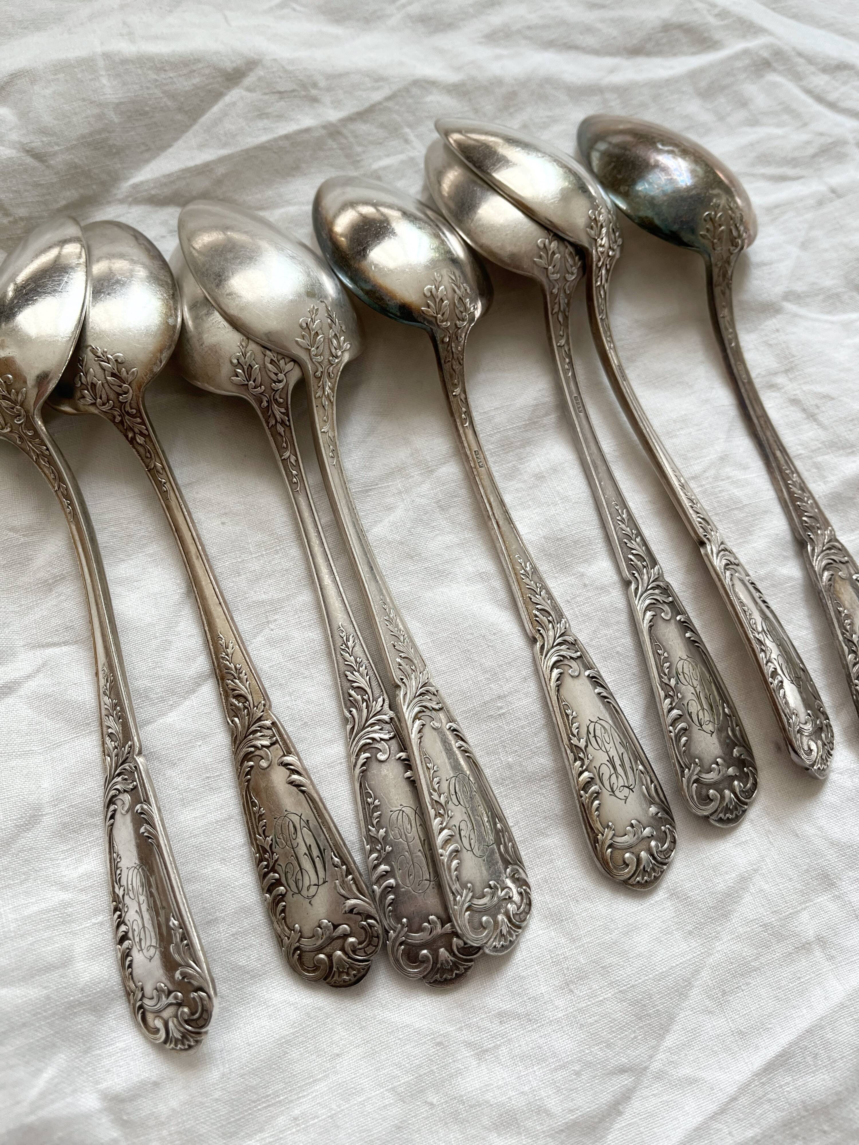 8 silver-plated metal soup spoons SFAM with acanthus and monogram decoration