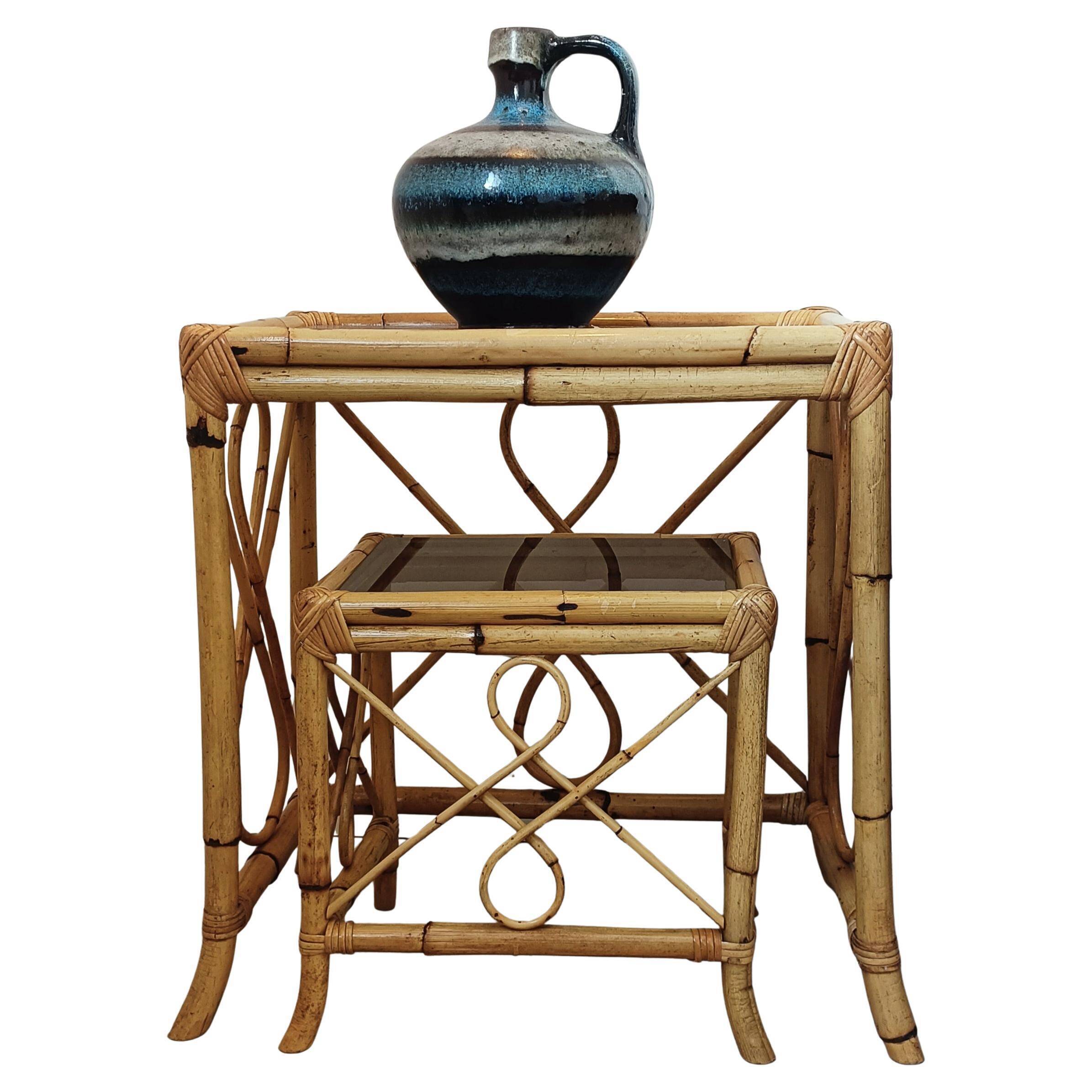 Mid-Century Modern Bamboo & Rattan Nesting Tables, Spain, 1960s