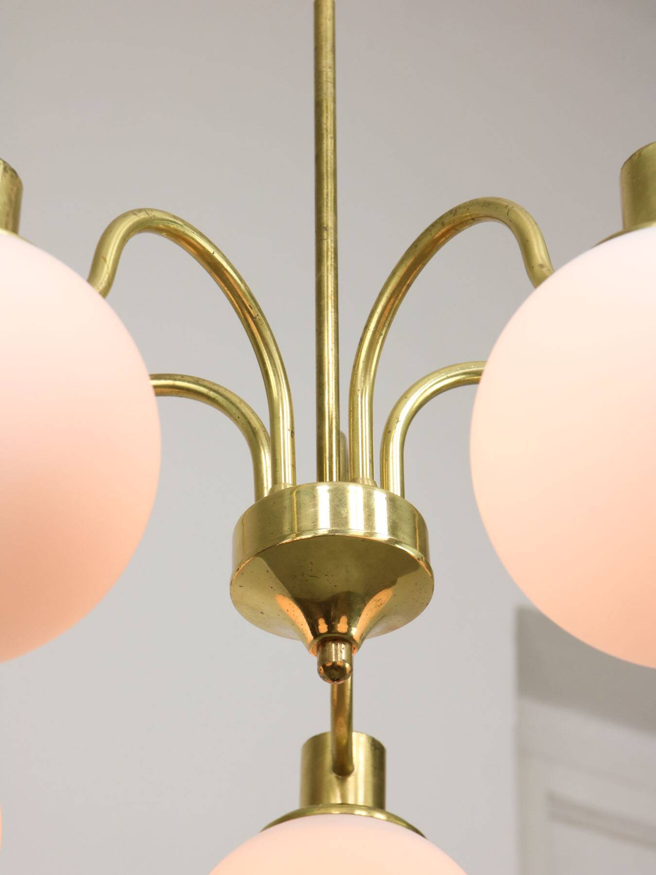 Italian Mid century Modern Chandelier in Brass and Opaline Glass, 1960s